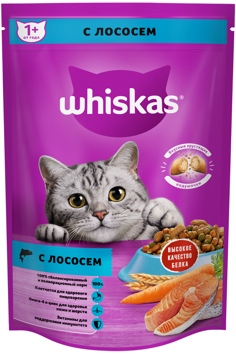 Сухой корм для кошек Whiskas подушечки с лососем, 350 г
